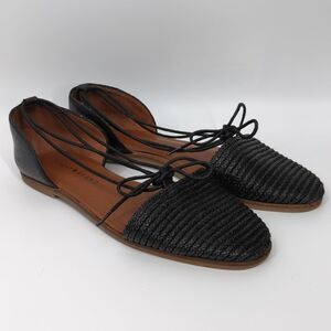 Lucky Brand Black Woven and Leather Flats Sandals with Lace Bows, 7.5M